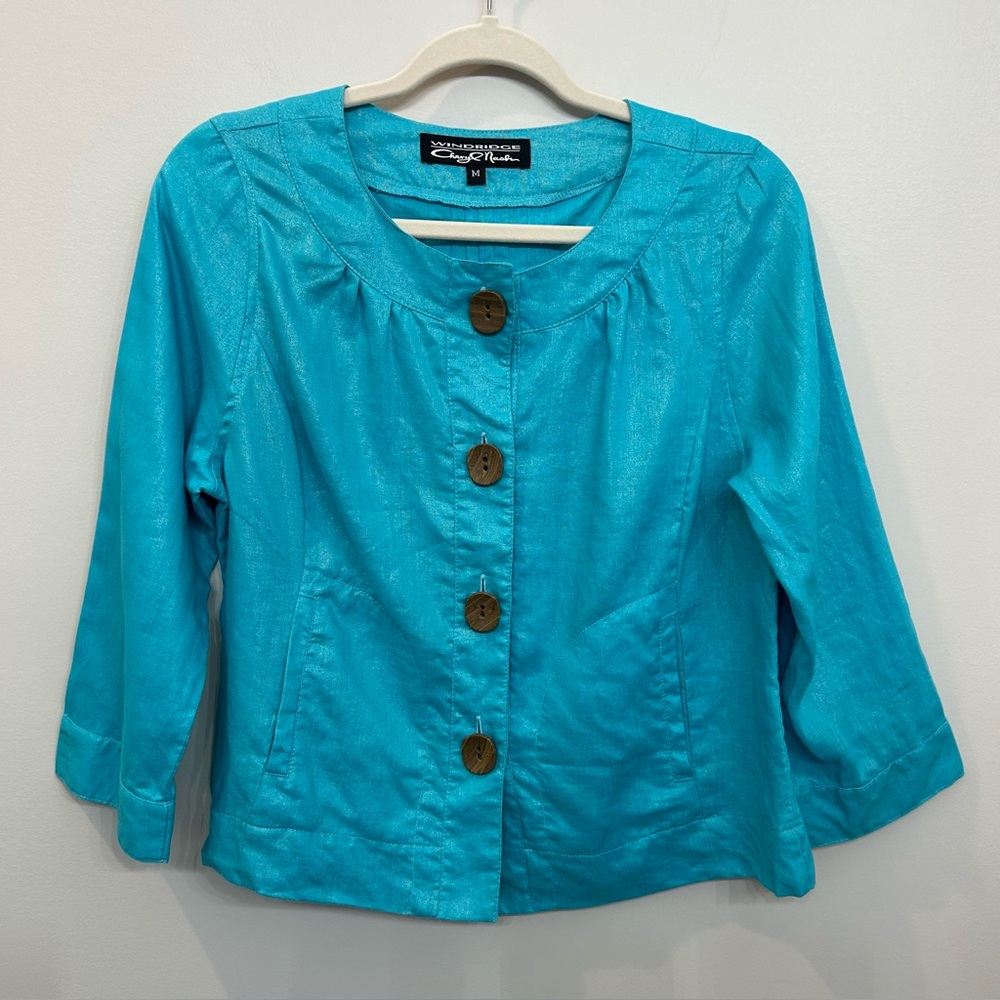 Windridge Cheryl Nash Linen Jacket Blazer Size M 3/4 Sleeve Glazed Ocean Size M